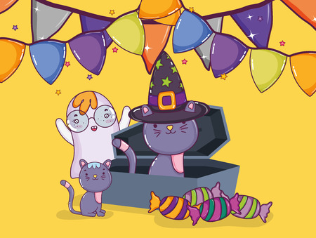 Halloween night with cats and ghost cute cartoons vector illustration graphic designのイラスト素材