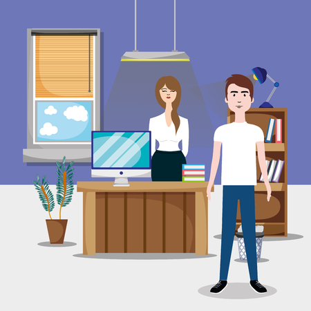Coworkers working at office cartoon scenery vector illustration graphic designのイラスト素材