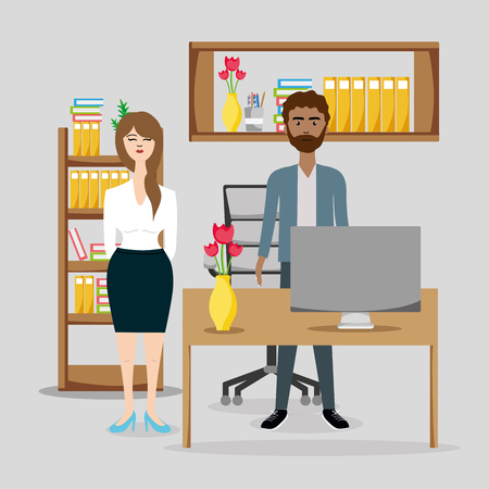 Business coworkers at office scenery cartoon vector illustration graphic designのイラスト素材