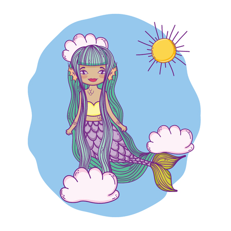 Mermaid flying with clouds and sun fantasy cartoons vector illustration graphic designのイラスト素材