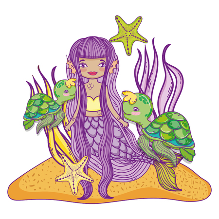 Mermaid swimming undersea with creatures cute cartoons vector illustration graphic designのイラスト素材