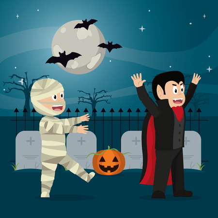 Kids at night with halloween costume cartoons vector illustration graphic designのイラスト素材