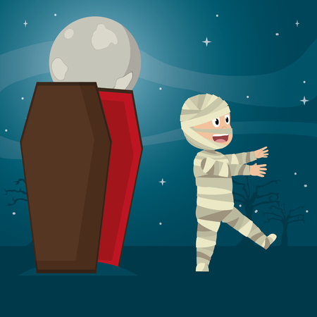 Boy with mummy halloween costume cartoon at night vector illustration graphic designのイラスト素材