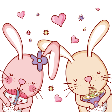 Rabbits with japanese food in love cute kawaii cartoons vector illustration graphic designのイラスト素材