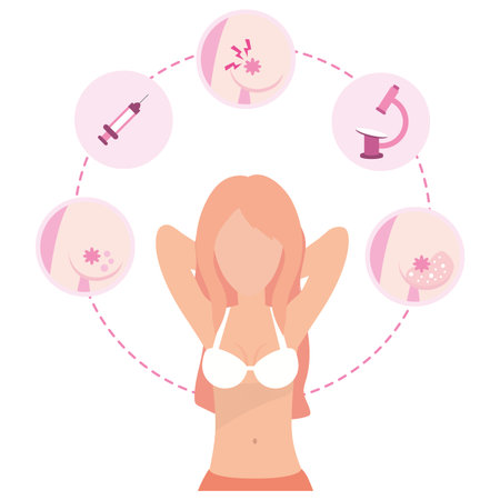 Breast cancer round symbols around woman avatar vector illustration graphic designのイラスト素材