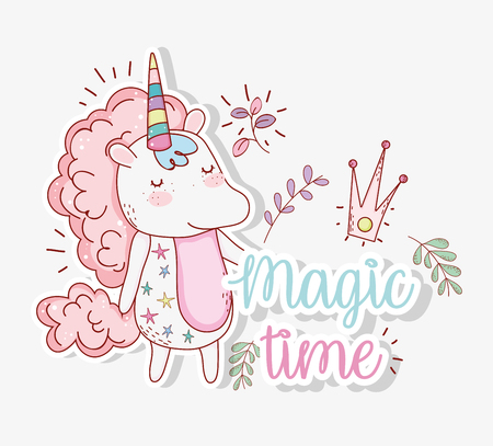 cute unicorn with branches leaves and crown vector illustrationのイラスト素材