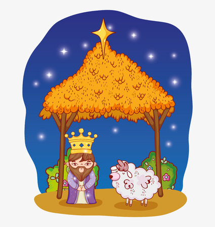 king wearing crown with sheep and manger with stars vector illustrationのイラスト素材