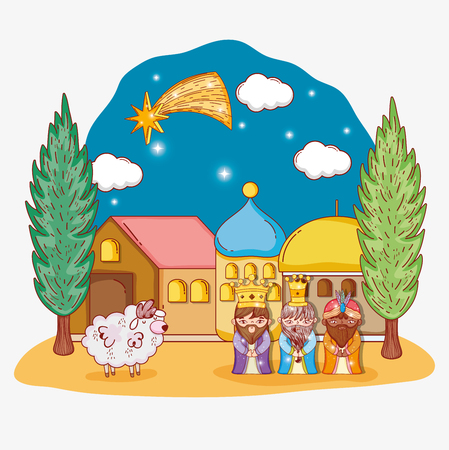 three king with trees and clouds stars vector illustrationのイラスト素材