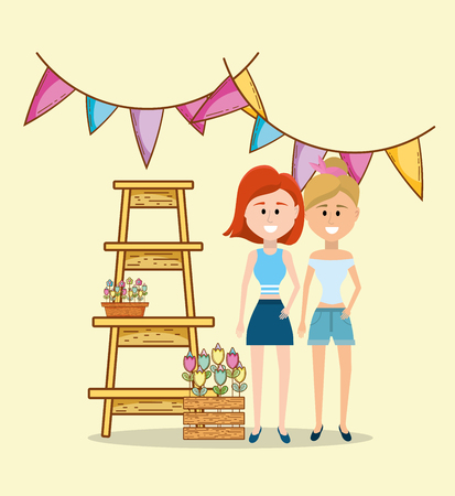 female friends enjoying spring outdoors vector illustration graphic designのイラスト素材