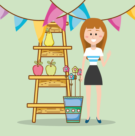 woman standing by fruit stall at farmers market vector illustration graphic designのイラスト素材