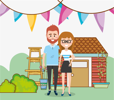 young couple enjoying spring in nature vector illustration graphic designのイラスト素材