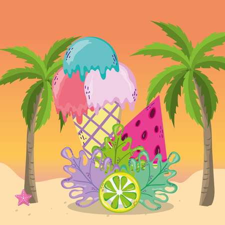 tropical beach scenery theme with ice cream and elements vector illustration graphic designのイラスト素材