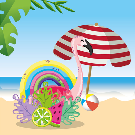 tropical beach scenery theme with bird and elements vector illustration graphic designのイラスト素材