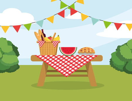 basket with food in the table with tablecloth decorationのイラスト素材