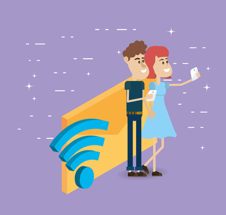 couple holding cellphones and mail icon cartoonのイラスト素材