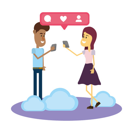 Young couple using social networks from smartphone cartoons vector illustration graphic designのイラスト素材