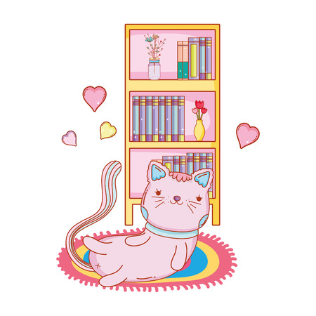 cute kitty cat laying in front of bookshelf on carpet cartoon vector illustration graphic designのイラスト素材