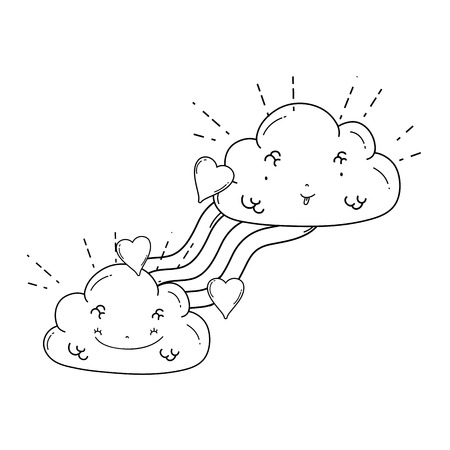 Clouds and rainbow cute cartoon in black and whiteのイラスト素材