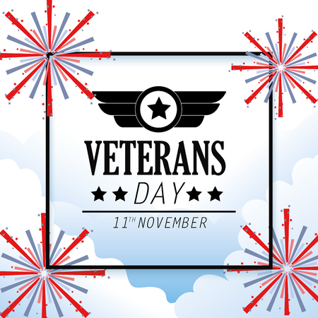 veterans day celebration with frame and fireworks vector illustrationのイラスト素材