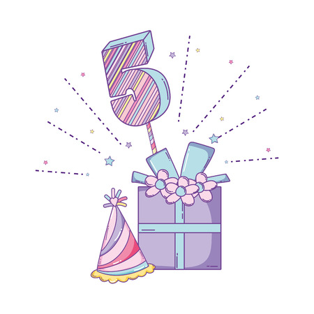 Happy birthday giftbox and hat with number five cartoons vector illustration graphic designのイラスト素材