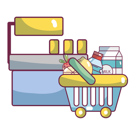 supermarket cash register and grocery products cartoon vector illustration graphic designのイラスト素材