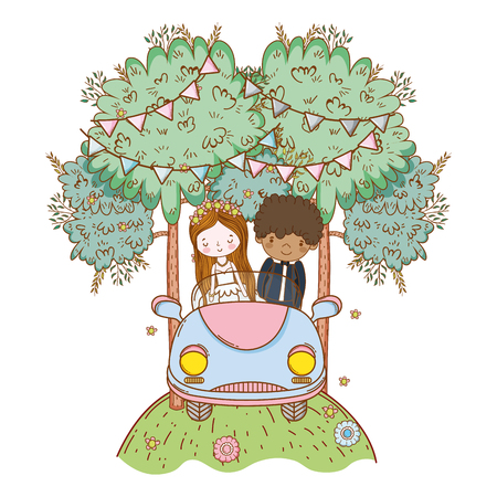wedding couple on vintage car at nature cartoons vector illustration graphic designのイラスト素材