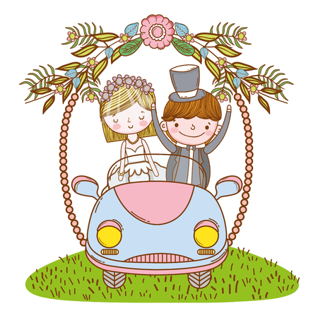 wedding couple on vintage car cute wreath cartoons vector illustration graphic designのイラスト素材