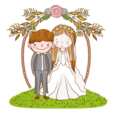 couple wedding on entrance at nature cute cartoon vector illustration graphic designのイラスト素材
