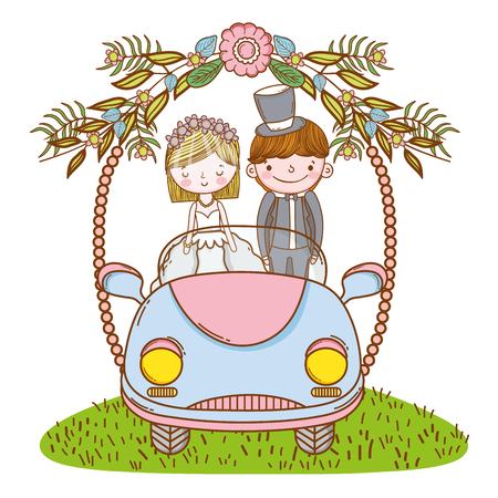 wedding couple on vintage car cute wreath cartoons vector illustration graphic designのイラスト素材