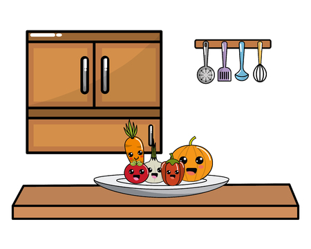 kawaii vegetables in kitchen,Concept of organic healthy fresh natural food market Vector illustrationのイラスト素材