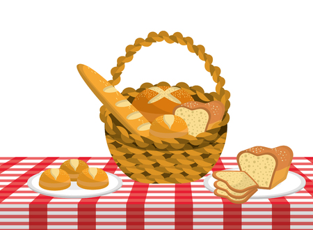 breads inside basket, Concept of bakery breakfast food shop traditional product menu Vector illustrationのイラスト素材