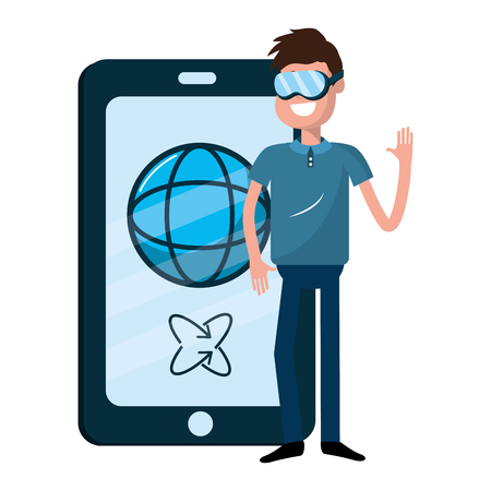 Cartoon man with glasses design, Concept of virtual reality technology device modern and innovation Vector illustrationのイラスト素材