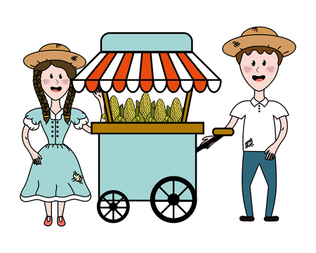 Food cart with cartoon man and woman design, Fair snack carnival fun and festival theme Vector illustrationのイラスト素材
