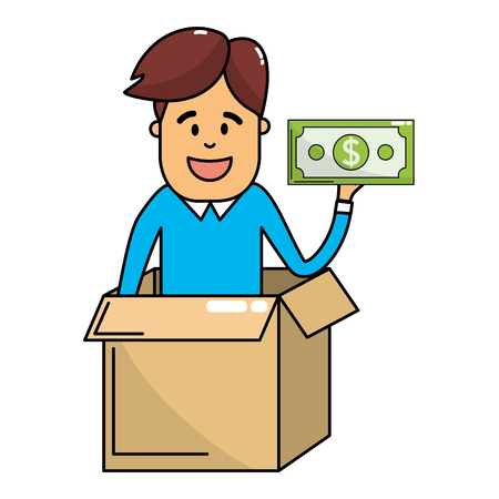 man saving money in side box with with bills cartoon vector illustration graphic designのイラスト素材