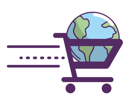 ecommerce online shopping world with fast trolley cartoon vector illustration graphic designのイラスト素材
