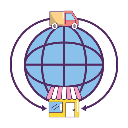 ecommerce online shopping and delivery paper box with merchandise truck and store with web round icon cartoon vector illustration graphic designのイラスト素材