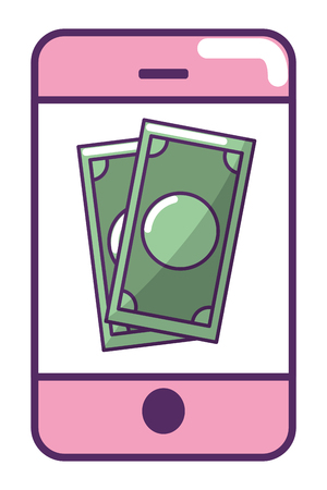 ecommerce online shopping smartphone with virtual bills cartoon vector illustration graphic designのイラスト素材