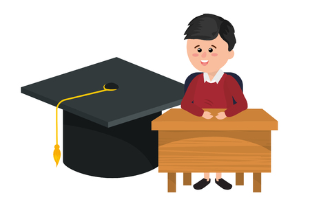 elementary school student boy on desk with graduation cap cartoon vector illustration graphic designのイラスト素材