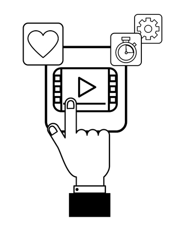 technology apps with hand and media player with heart and clock with gears cartoon vector illustration graphic designのイラスト素材