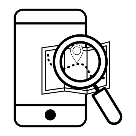 ecommerce online shopping smartphone with magnifying glass analyzing gps location cartoon vector illustration graphic designのイラスト素材