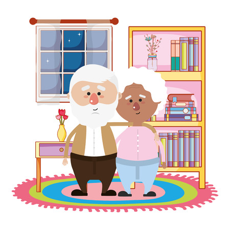 cute grandparents couple at night hugging in the library of the house cartoon vector illustration graphic designのイラスト素材