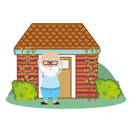 cute grandfather in front house with bush cartoon vector illustration graphic designのイラスト素材