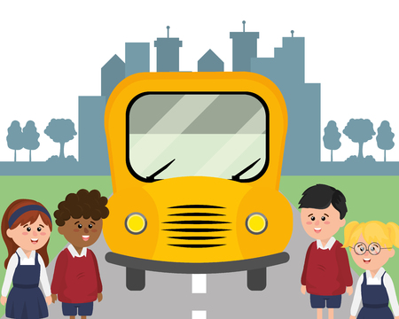 elementary school students in front bus and city landscape cartoon vector illustration graphic designのイラスト素材