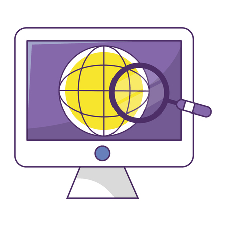 technology ecommerce computer screen with magnifying glass analyzing web icon cartoon vector illustration graphic designのイラスト素材