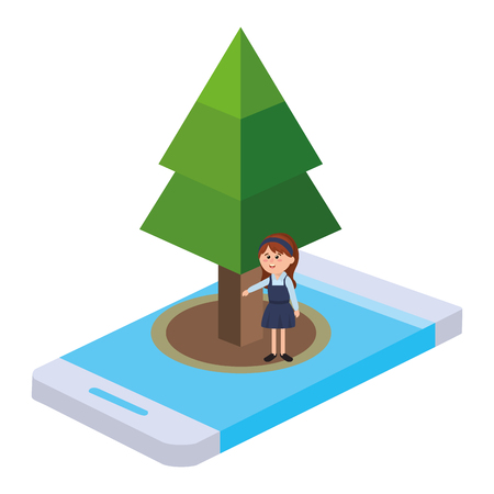 isometric park activity with girl and pine tree over smartphone cartoon vector illustration graphic designのイラスト素材