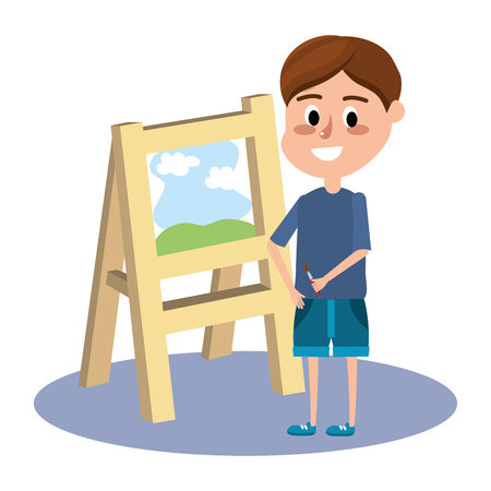 elementary school student boy with wooden easel cartoon vector illustration graphic designのイラスト素材