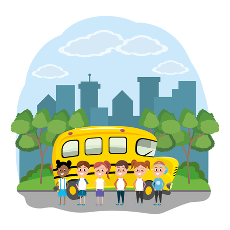 elementary school students in front school bus and city landscape cartoon vector illustration graphic designのイラスト素材
