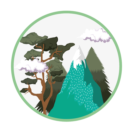 landscape with snow mountain circular frame vector illustration designのイラスト素材