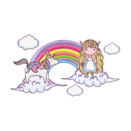 cute little fairy with rainbow and unicorn vector illustration designのイラスト素材
