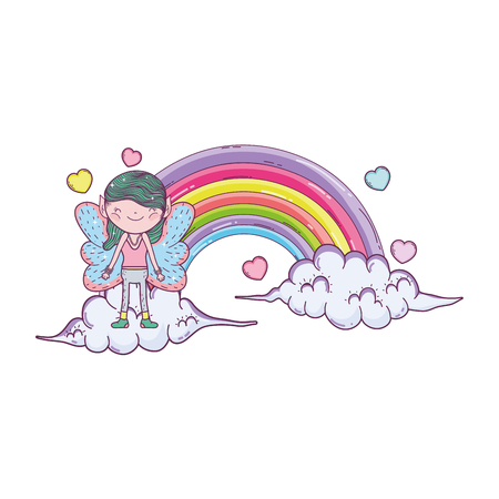 cute little fairy with rainbow and clouds vector illustration designのイラスト素材